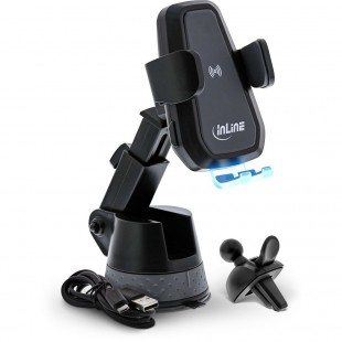 Porte-téléphone pour voiture InLine®, électrique, avec ventouse et support pour fente d'aération, chargeur universel, extensible