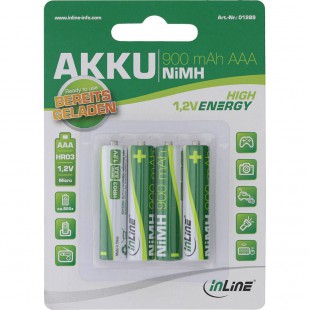 Pile rechargeable NiMH InLine®, Micro (AAA), 900 mAh, prête à l'emploi, préchargée, par 4 pack