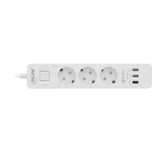 Barrette d'alimentation InLine® 3 ports avec USB QC, 3x type F allemand avec interrupteur et sécurité enfants blanc 1,5 m