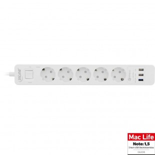 InLine® Power Strip 5 ports avec USB QC, 5x type F allemand avec interrupteur et sécurité enfant blanche 1,5 m