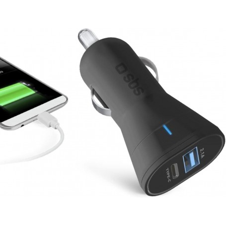 Chargeur de voiture SBS 15W USB-C 3A / USB-A 2.1A Black