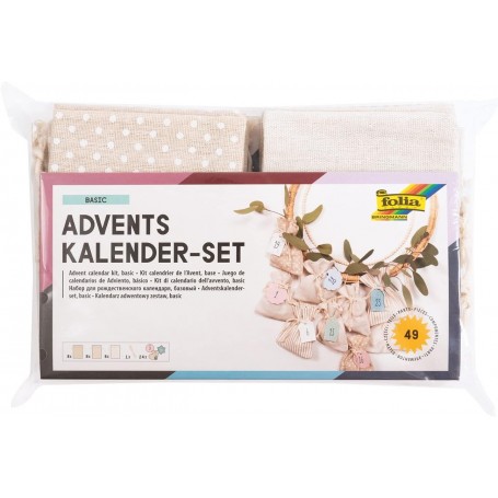  64121 Calendrier de l'Avent Basic avec motif imprimé, env. 10 x 13 cm, 24 sachets en tissu naturel, en coton et polyester, avec pendentif et fil, couleur naturelle