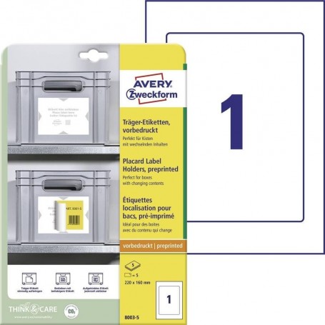 AVERY Zweckform Art. 8003-5 Lot de 5 étiquettes porte-étiquettes 220 x 160 mm à coller avec toutes les étiquettes sans résidus pour étagères, boîtes, conteneurs dans l'entrepôt et la logistique 5