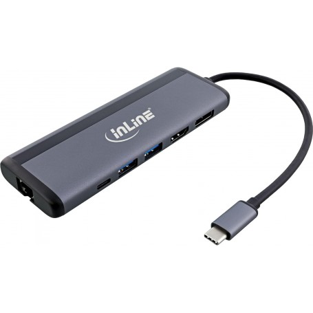 InLine Multihub USB-C 8 en 1, station d'accueil, HDMI 8K et DisplayPort, 1 x USB-C PD 3.0 100 W, 2 x données USB-A, Ethernet, microSD et SD, MST, pour ordinateur portable, PC, MacBook et plus encore,