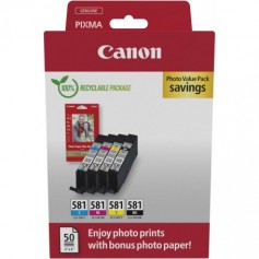 Canon CLI-581 C M Y BK Value Pack de 4 Cartouches (Noir Cyan Magenta Jaune) +50 Feuilles Papier Photo 10x15cm Certifié (Carton Recyclable 2024)