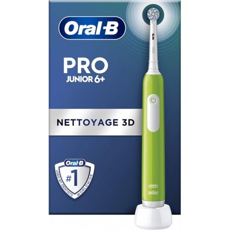 Oral-B Pro Junior Brosse à Dents Électrique Enfant, Vert, 1 Brossette Brossage Doux, Minuteur et Vibrations, Batterie Rechargeable, 6 Ans et Plus