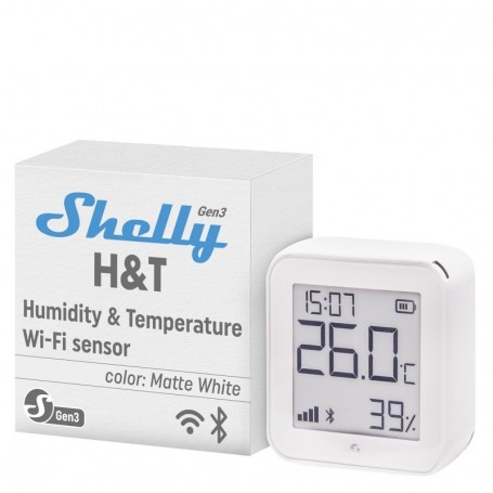 Shelly H&T Gen3 - Blanc | Capteur de température et d’humidité ambiante | Thermomètre & Hygromètre | Wi-Fi & Bluetooth | Sans fil | Mémoire flash 8 Mo | Double alimentation – USB Type-C et piles 4x AA