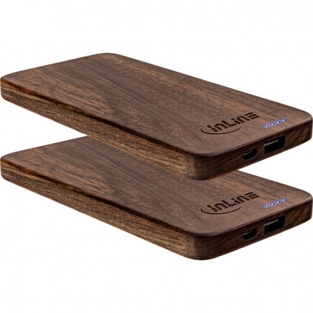 2pcs InLine® USB PowerBank 5.000mAh woodplate with LED Display real walnut wood