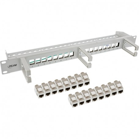 InLine® Patch panel Cat.6A 16-way, with 3 brackets, 16 keystones, 19\", 1U, grey