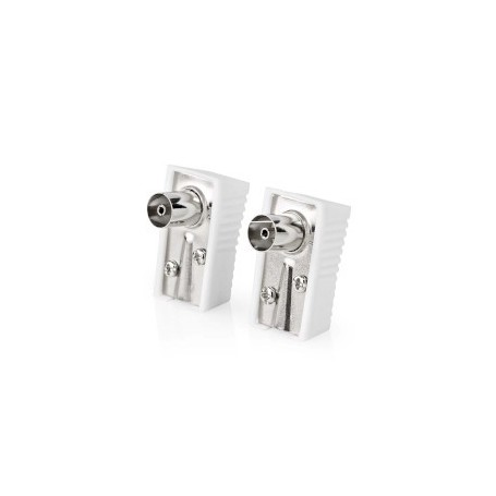 Conencteur IEC ( Coax) | Coudé | Femelle | Plaqué nickel | 75 Ohm | Vis | Diamètre d\'entrée de câble: 7.0 mm | Métal / PVC | Blanc | 2 pièces | Boîte
