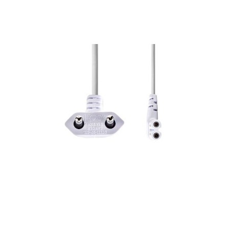 Câble d\'alimentation | Euro Masculin | IEC-320-C7 | Coudé | Coudé à gauche | Plaqué nickel | 2.00 m | Plat | PVC | Blanc | Label