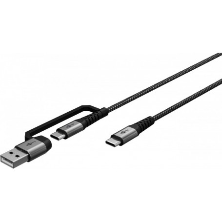 2en1 Câble Textile USB, Gris Sidéral/Argent, 2 mcâble de charge USB-C™ extra-robuste avec adaptateur pour appareils USB-A