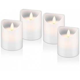 Kit de 4 Bougies LED en Cire Véritable, Blanc et 12x AAA (LR 03)avec fonction de minuterie et mèche pendulaire, fonctionne sur piles
