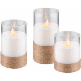Lot de 3 Bougies LED en Cire Véritable dans un Verre, Blanc et 8x AA (LR 6)avec mèche pendante et minuterie, fonctionnant sur piles (2x AA chacune), blanc chaud (2700 K)