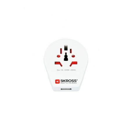 SKROSS | 1.500266 | Adaptateur de Voyage Monde vers Europe (Shuko) avec Prise USB 1.0 5,0 V DC/Max 2,4 A - Puissance et Tension 100V – 1600W / 250V – 4000W - Protection Contre Les Chocs électriques