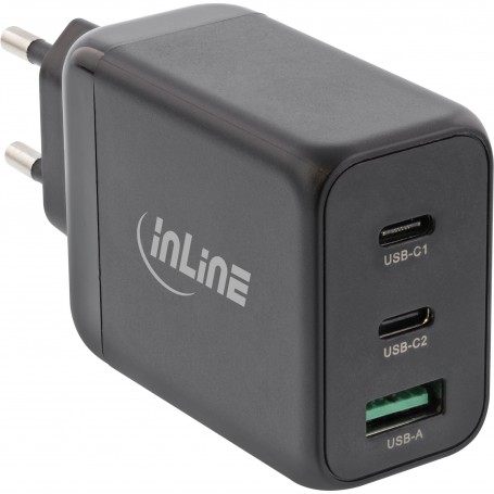 InLine® USB PD power supply, GaN charger, 3-port, Dual USB-C + USB-A, 65W, black