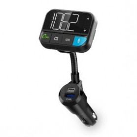 Transmetteur FM audio pour voiture | Appels Mains Libres | Appels mains libres | 2 \" | Écran noir blanc | Bluetooth® | PD 20 W / QC 3.0 | Charge rapide | Amplification des basses | Google Assistant / Siri | Noir