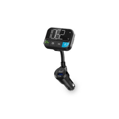 Transmetteur FM audio pour voiture | Appels Mains Libres | Appels mains libres | 2 \" | Écran noir blanc | Bluetooth® | PD 20 W / QC 3.0 | Charge rapide | Amplification des basses | Google Assistant / Siri | Noir