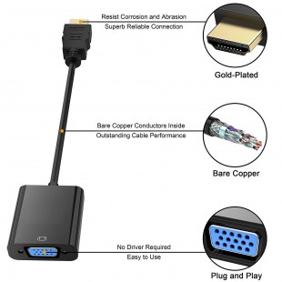 Alpexe HDMI à VGA, adaptateur (mâle à femelle)pour ordinateur , moniteur, projecteur, TVHD, Chromebook, Raspberry Pi, Roku, Xbox
