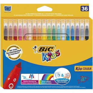 BIC Kids Kid Couleur Feutres de Coloriage a Pointe Moyenne - Couleurs Assorties, Etui Carton de 36