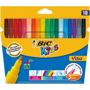 BIC Kids Visa Feutres de Coloriage a Pointe Fine - Couleurs Assorties, Etui Carton de 18
