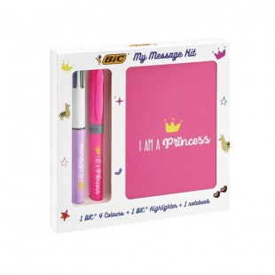 BIC Kit de Papeterie I Am a Princess - 1 Stylo-Bille BIC 4 Couleurs/1 Surligneur BIC Highlighter Grip Rose/1 Car
