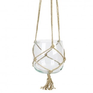 Boule en verre a suspendre - Avec corde en chanvre - Ø 18 cm - Blanc transparent