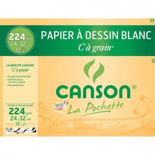 CANSON - Pochette papier dessin C a grain - 24 x 32 cm - 224g - 12 feuilles - Blanc