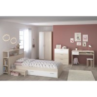 CHARLEMAGNE Chambre enfant complete - Tete de lit + lit + commode + armoire + bureau - contemporain - Décor acacia clair et blan