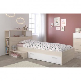 CHARLEMAGNE Ensemble lit + tete de lit avec rangement - Style contemporain - Décor acacia clair et blanc