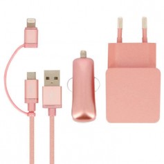 Colorblock Pack Chargeur voiture + Secteur + Câble micro-USB / Lightning - Rose