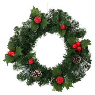 Décoration de Noël Couronne Tradition avec décors Pommes de pin et Pommes - Ø 40 cm - Vert, blanc et rouge