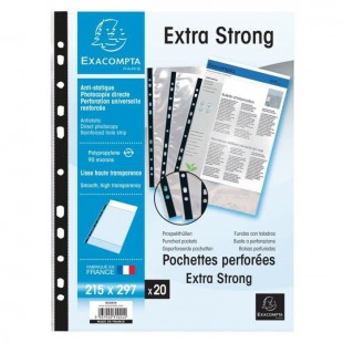 EXACOMPTA - 20 Pochettes perforées - Bande de renfort - 21 x 29,7 - Polypropylene lisse incolore 85µ - 11 trous - Sous film