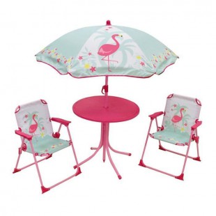 FUN HOUSE 713088 FLAMANT ROSE Salon de jardin avec une table, 2 chaises pliables et un parasol pour enfant