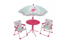 FUN HOUSE 713088 FLAMANT ROSE Salon de jardin avec une table, 2 chaises pliables et un parasol pour enfant