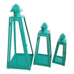HOMEA Set de 3 lanternes pyramide en métal H30-40-55cm turquoise