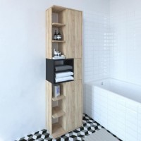 KUBE Colonne de salle bain L 50 cm - Décor chene naturel et noir mat
