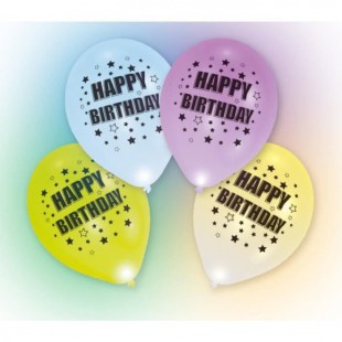 Lot de 4 Ballons avec LED - Latex - Happy Birthday - 27,5 cm