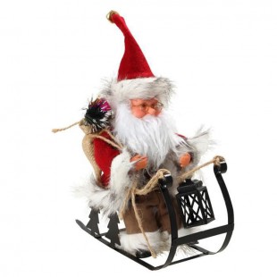 Personnage de Noël : Pere Noël automate sur luge - H 25 x 24,5 x 10 cm - Rouge et blanc