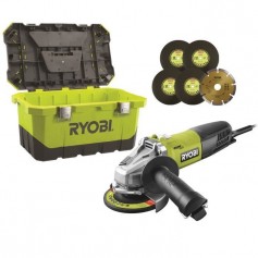 RYOBI Meuleuse d'angle - 125 mm - 800 W - Avec boîte a outils et 6 disques