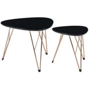 SIXTIES 2 tables basses gigognes vintage - MDF noir laqué mat avec pieds métal cuivre laqué - L 60 x l 60 cm et L 40 x l 40 cm