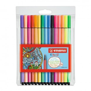 Etui carton x 15 feutres de dessin STABILO Pen 68 - coloris assortis dont 5 fluo