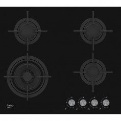 BEKO - HILW62202SB - Table de cuisson Gaz - 4 foyers - 7800W - L59cm x P60cm - Revetement verre - Noir