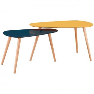 GALET Lot de 2 tables gigognes scandinave jaune moutarde et bleu canard laqués mat - L 81,5 x l 41 cm et L 67 x l 34 cm