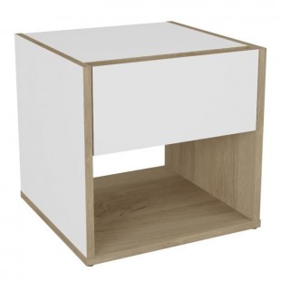 TITAN Table de Chevet 1 tiroir 1 niche - Décor chene et blanc - L 36,8 x H 37,8 x P 36,3 cm