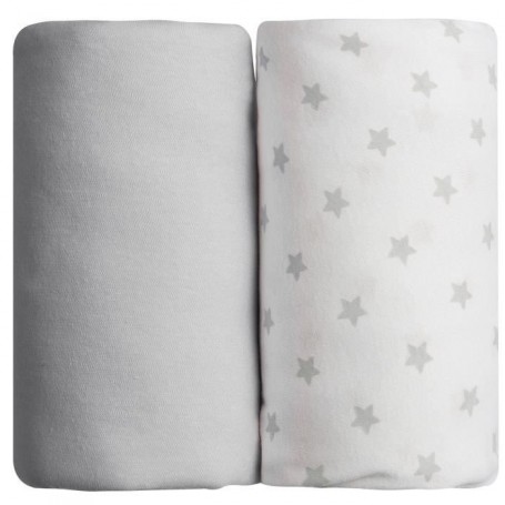 BABYCALIN Lot de 2 draps housse Jersye coton - Gris uni et impression étoile grise - 60 x 120 cm