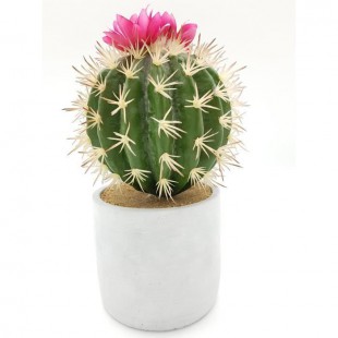 Cactus artificiel boule fleurie dans son contenant en céramique - H 27 cm - Gris