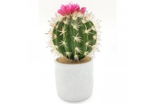 Cactus artificiel boule fleurie dans son contenant en céramique - H 27 cm - Gris