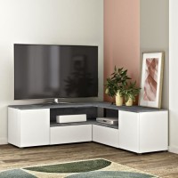 Meuble TV d'angle 4 portes - Effet béton et blanc - L 130 x P 130 x H 46 cm