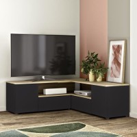 Meuble TV d'angle 4 portes - Décor chene et noir - L 130 x P 130 x H 46 cm